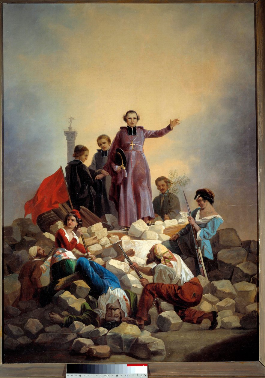 Revolution 1848: “” The Archbishop Denis Affre (1793-1848) on the Barricade Faubourg Saint Anthony 26/06/1848”” Painting by Joseph Felon (1818-1896) 1848 Sun. 0,92x0,67 m. Paris, Musee Carnavalet - Revolution of 1848: “” The Archbishop Monseigneur Denis Af بواسطة جوزيف فيلون