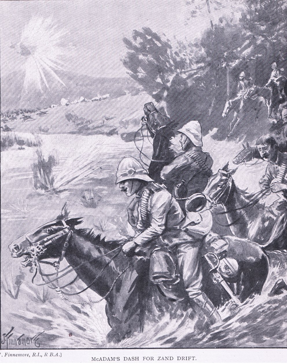 اندفاعة McAdams لـ Zand Drift ، من After Pretoria: The Guerilla War التي نشرتها Harmsworth Bros Limited ، 1901 بواسطة جوزيف فينيمور