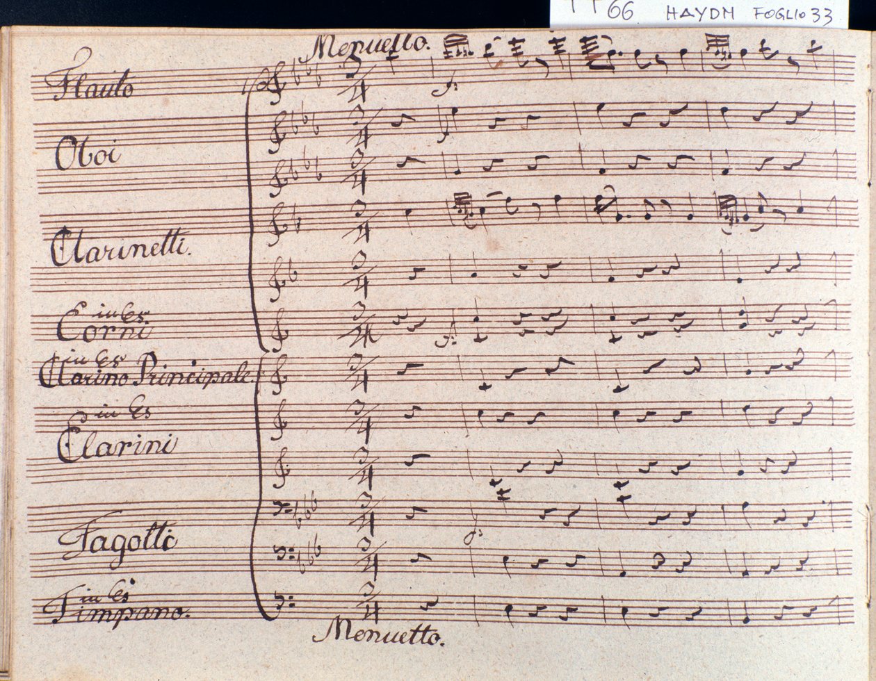 الصفحة الأولى من النوتة الموسيقية للمينوت في السيمفونية 66 في B flat major بواسطة J Haydn بواسطة جوزيف هايدن
