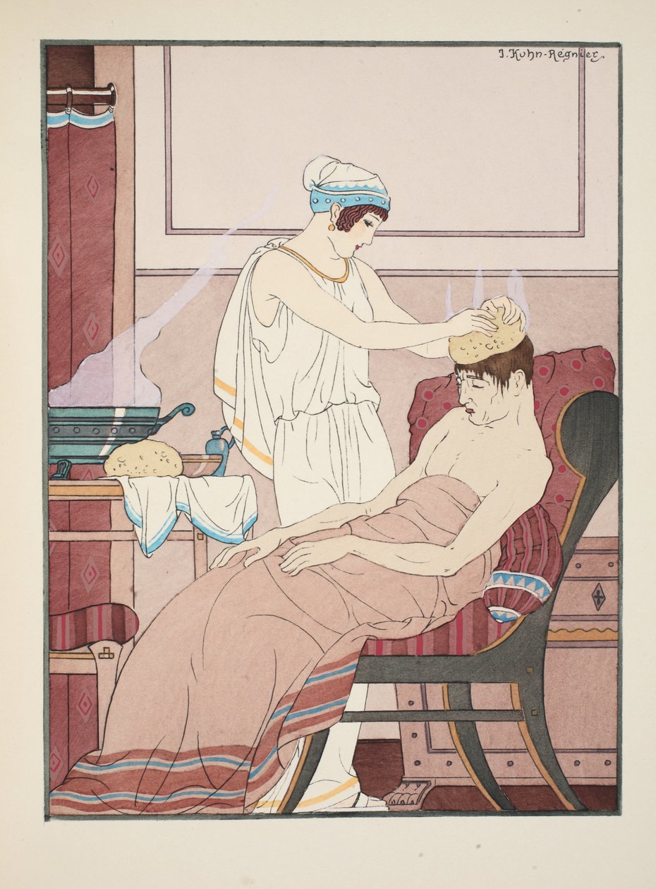 يتم وضع إسفنجة مبللة بالماء الساخن على الرأس ، توضيح من "أعمال أبقراط" ، 1934 بواسطة جوزيف كون ريجنير
