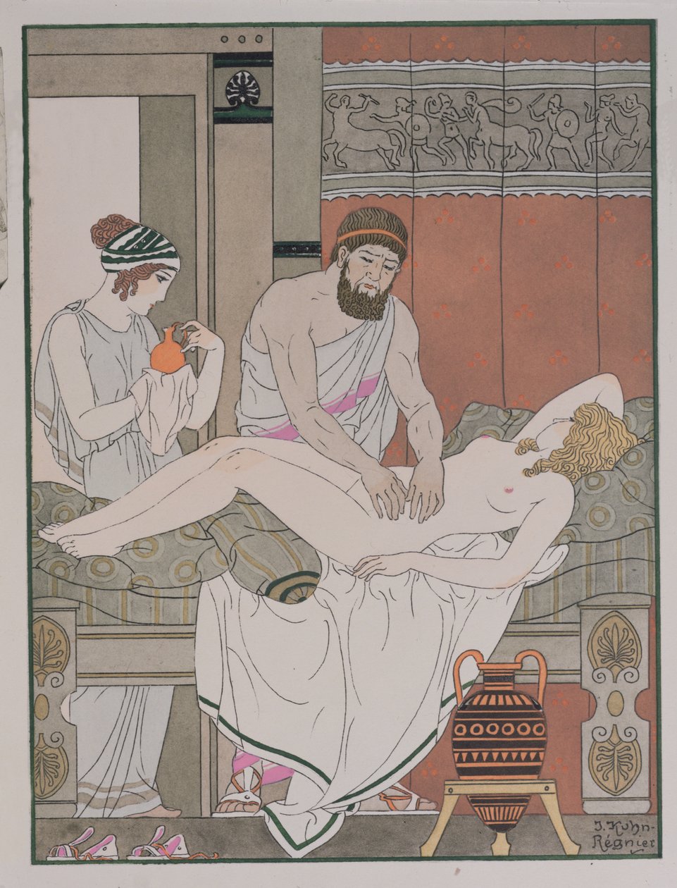 فحص مريض ، رسم توضيحي من "الأعمال الكاملة لأبقراط" ، 1932 بواسطة جوزيف كون ريجنير
