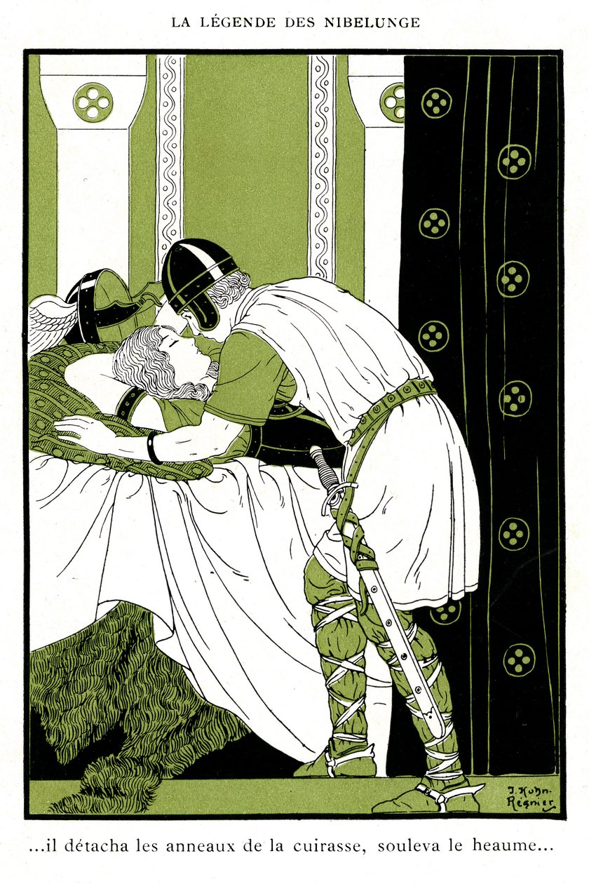 أسطورة Nibelunge: سيغفريد يحتضن Walkyrie Brunnhilde (الطباعة الحجرية الملونة) بواسطة جوزيف كون ريجنير
