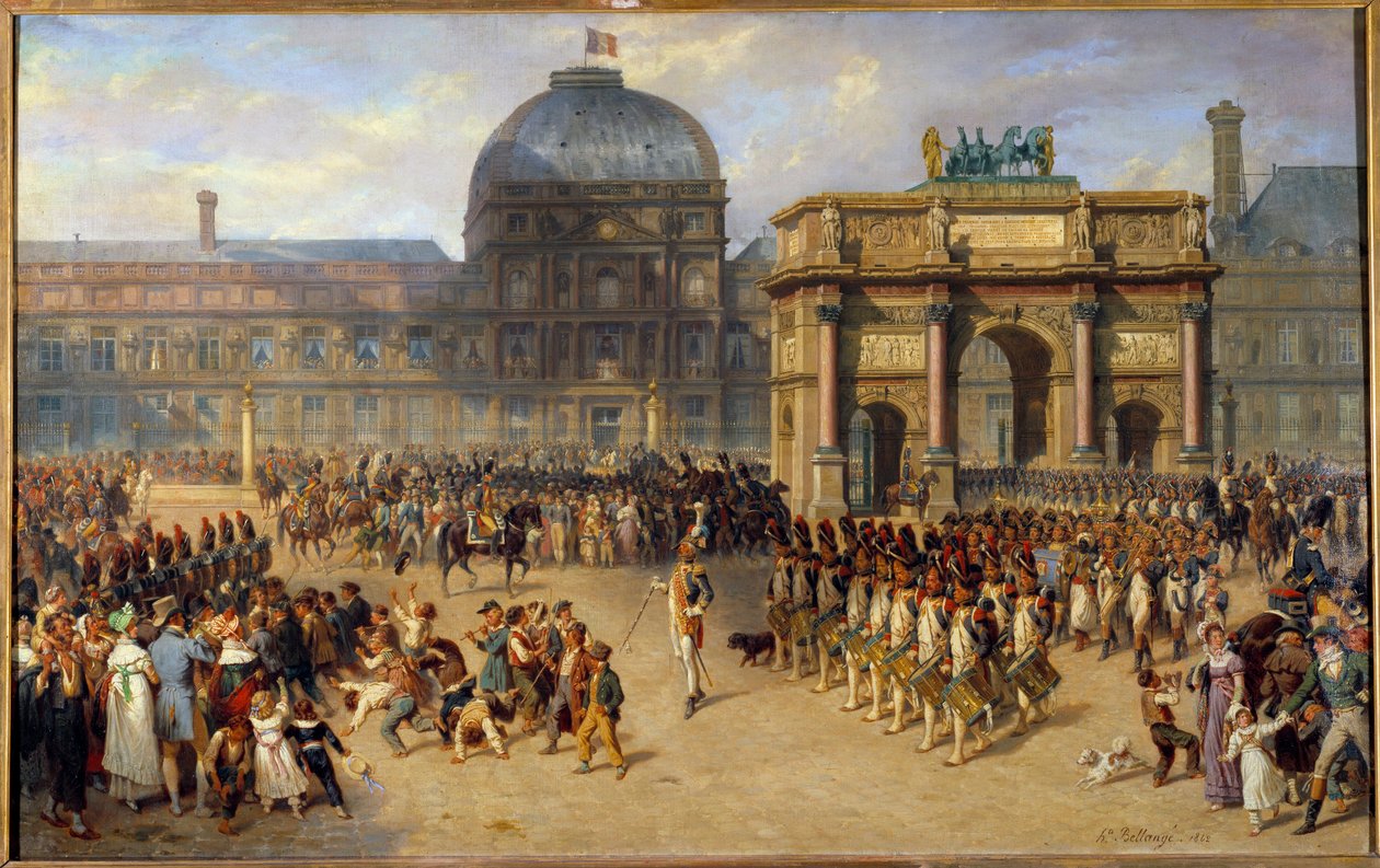 A Day of Review Under the Empire (1810) Painting by Joseph Louis Hippolyte Bellange (1800-1866) and Adrien Dauzats (1804-1868) 1862 Sun. 1,01x1,61 m بواسطة جوزيف لويس هيبوليت بيلانج