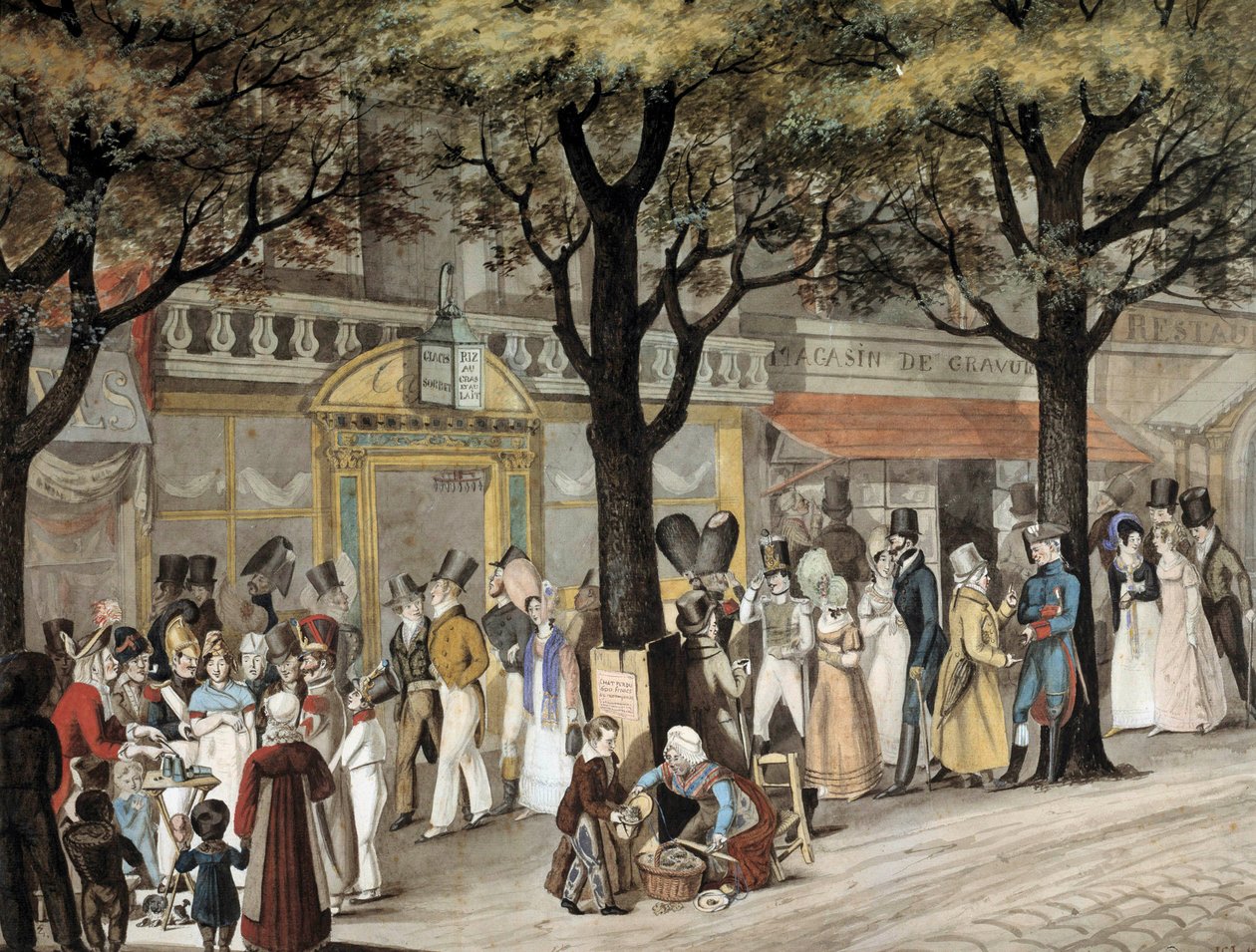 المشي في شارع في باريس في عام 1819 بالألوان المائية لجوزيف لويس بيلانج (1800-1866) 1819 باريس ، متحف كارنافالي بواسطة جوزيف لويس هيبوليت بيلانج