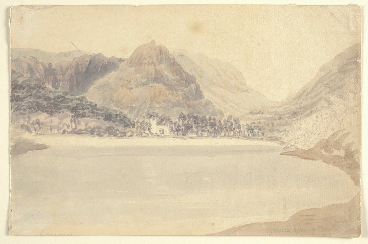 بحيرة وكنيسة Grassmere (ألوان مائية فوق قلم رصاص على ورق) بواسطة جوزيف مالورد وليام (Attr.to) تيرنر