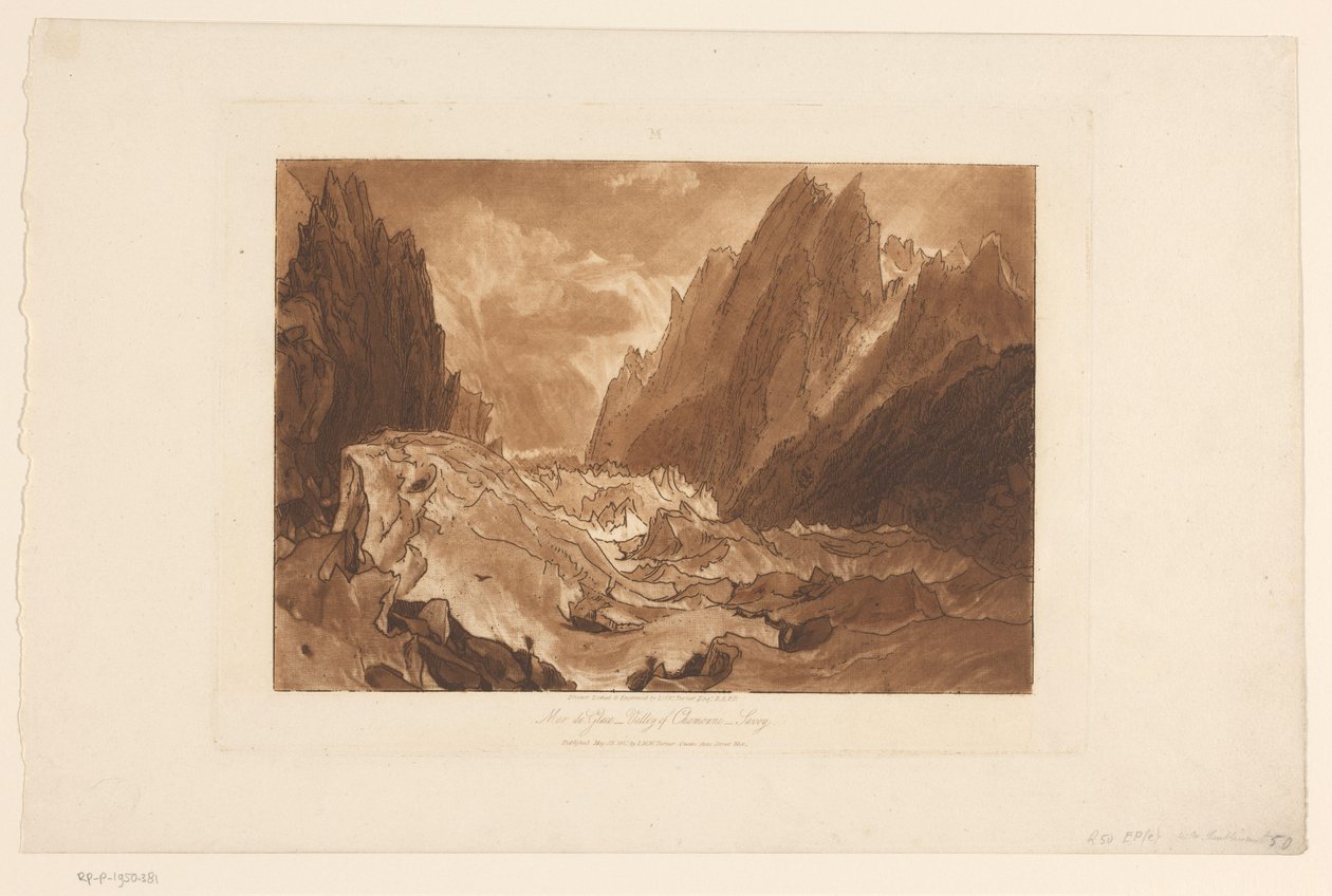 منظر لنهر Mer-de-Glace الجليدي في Mont Blanc Mer de Glace - وادي الشاموني - سافوي (العنوان على الكائن) دراسات المناظر الطبيعية (عنوان السلسلة) Liber Studiorum (عنوان السلسلة) بواسطة جوزيف مالورد وليام تورنر