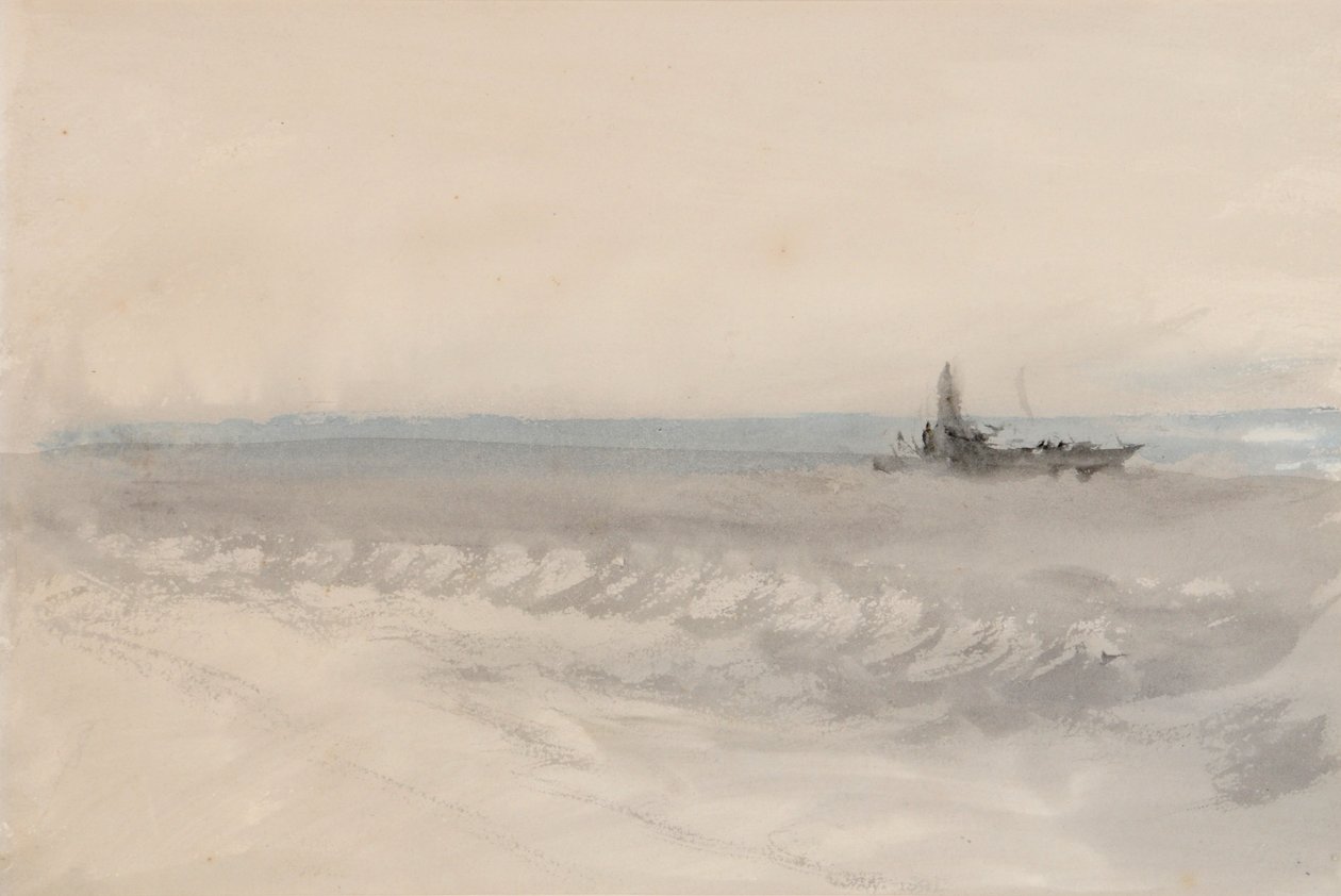 البحر الرمادي ، قارب يجري على الشاطئ ، حوالي 1845-50 (ألوان مائية على ورق) بواسطة جوزيف مالورد وليام تورنر