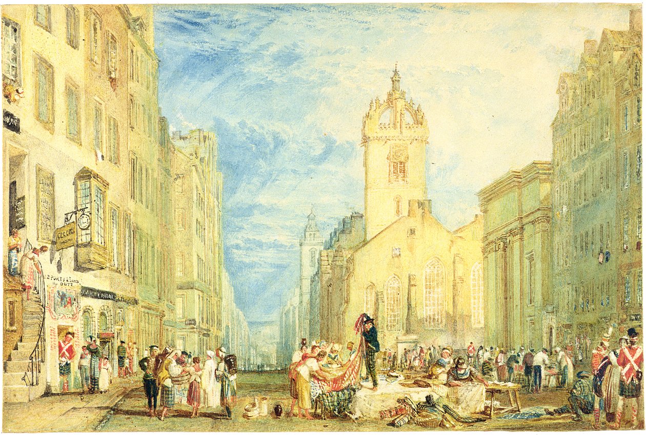 هاي ستريت ، إدنبرة ، حوالي عام 1818 (ألوان مائية وقلم حبر وجرافيت وخدش على ورق منسوج) بواسطة جوزيف مالورد وليام تورنر