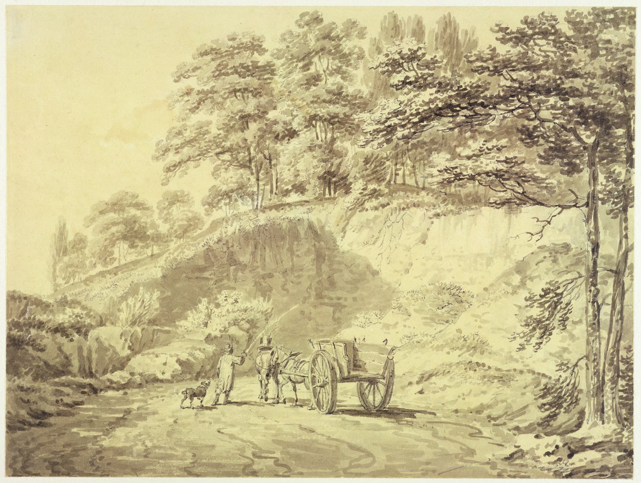 رجل مع الحصان وعربة يدخل المحجر ، ج 1797 (الجرافيت وغسل الرمادي على الورق) بواسطة جوزيف مالورد وليام تورنر