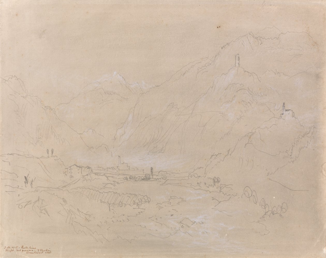منظر طبيعي جبلي مع بلدة في الوادي ، حوالي 1840 (جرافيت وغسيل رمادي على ورق) بواسطة جوزيف مالورد وليام تورنر