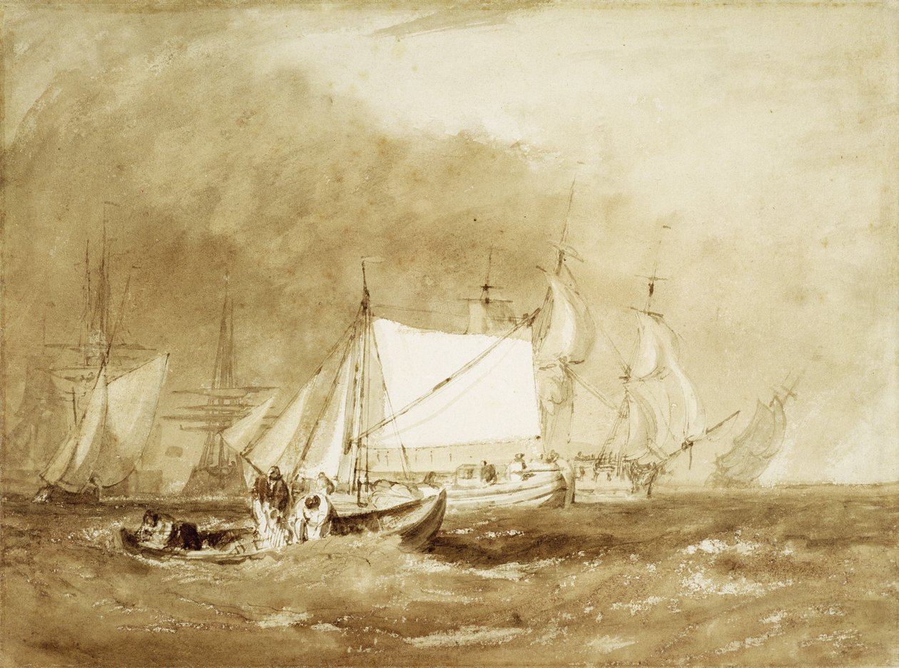 مشهد الشحن ، مع صيادين ، حوالي 1815-20 (فرشاة وحبر بني على ورق) بواسطة جوزيف مالورد وليام تورنر