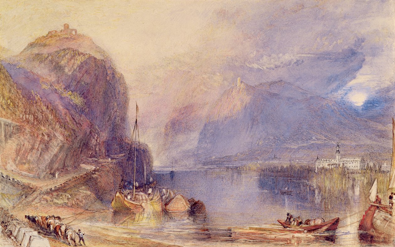 The Drachenfels ، ألمانيا ، حوالي 1823-24 (ألوان مائية ولون للجسم مع كشط قلم رصاص على ورق) بواسطة جوزيف مالورد وليام تورنر