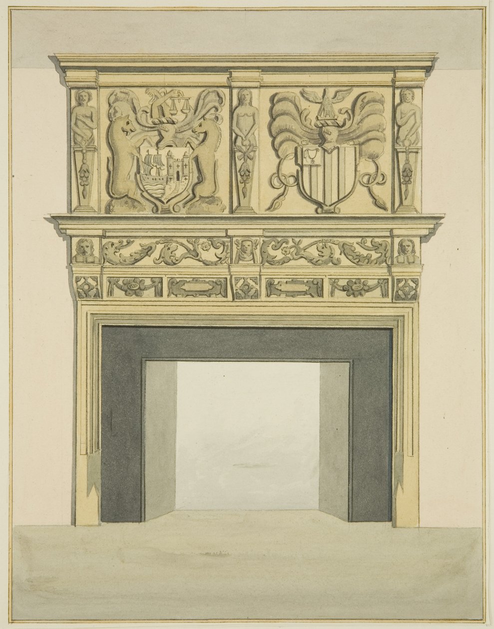 Chimneypiece in former residence of Sir John Knight, Temple Street (watercolor on paper) بواسطة جوزيف مانينغ