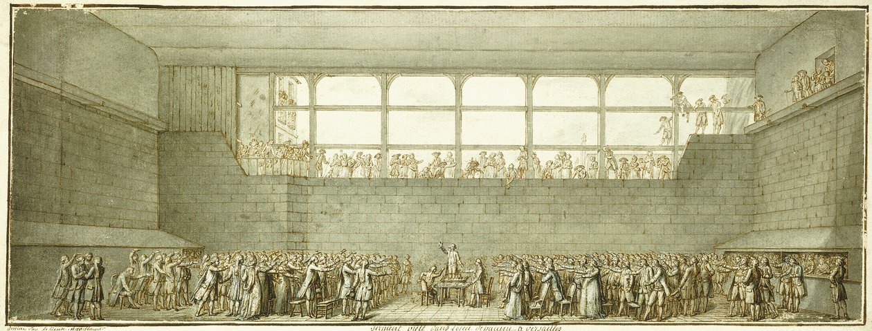 قسم ملعب التنس ، حوالي عام 1789 (طباشير أسود وقلم وحبر بني مع طلاء رمادي) بواسطة جوزيف ماري فلويست