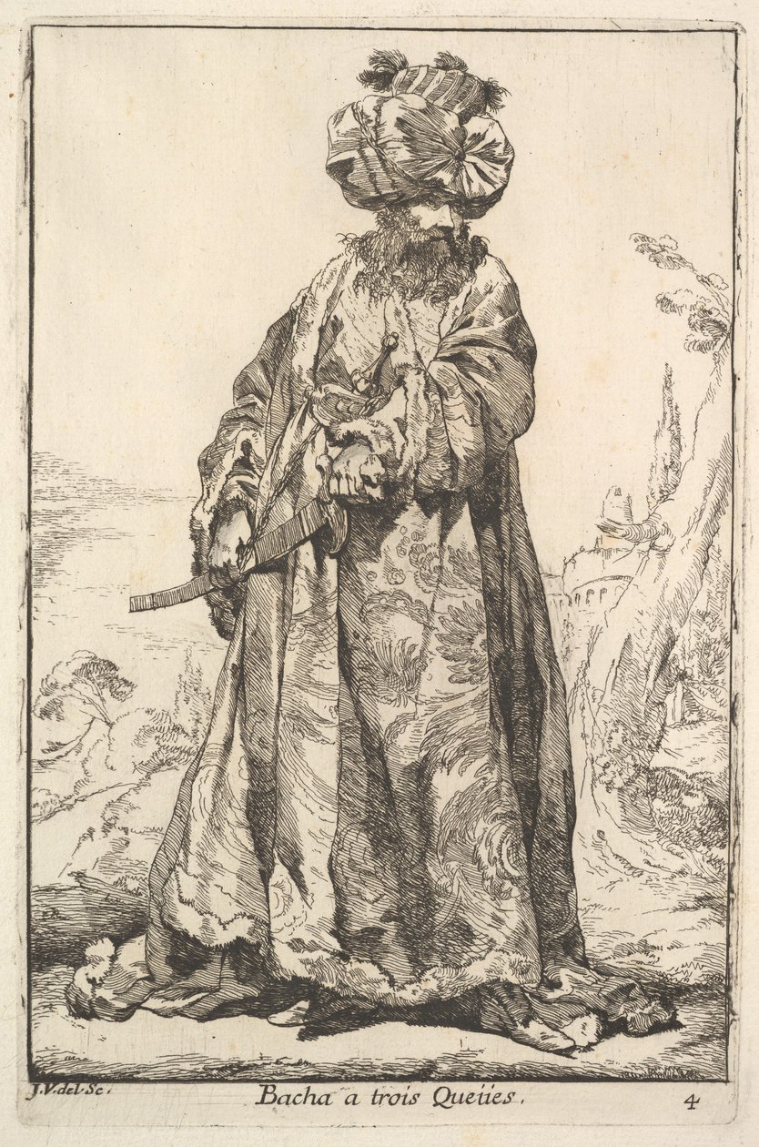 باشا يمسك سيفًا في وركه بكلتا يديه ، من مسلسل قافلة السلطان ... ، 1748. بواسطة جوزيف ماري فيين الأكبر