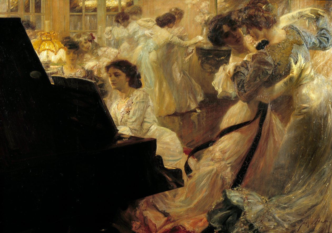 Belle epoque: "الكرة البيضاء" أمسية شابة ترتدي ملابس رقص بيضاء وتعزف على البيانو لجوزيف ماريوس آفي (1871-1939) 1903 بواسطة جوزيف ماريوس آفي