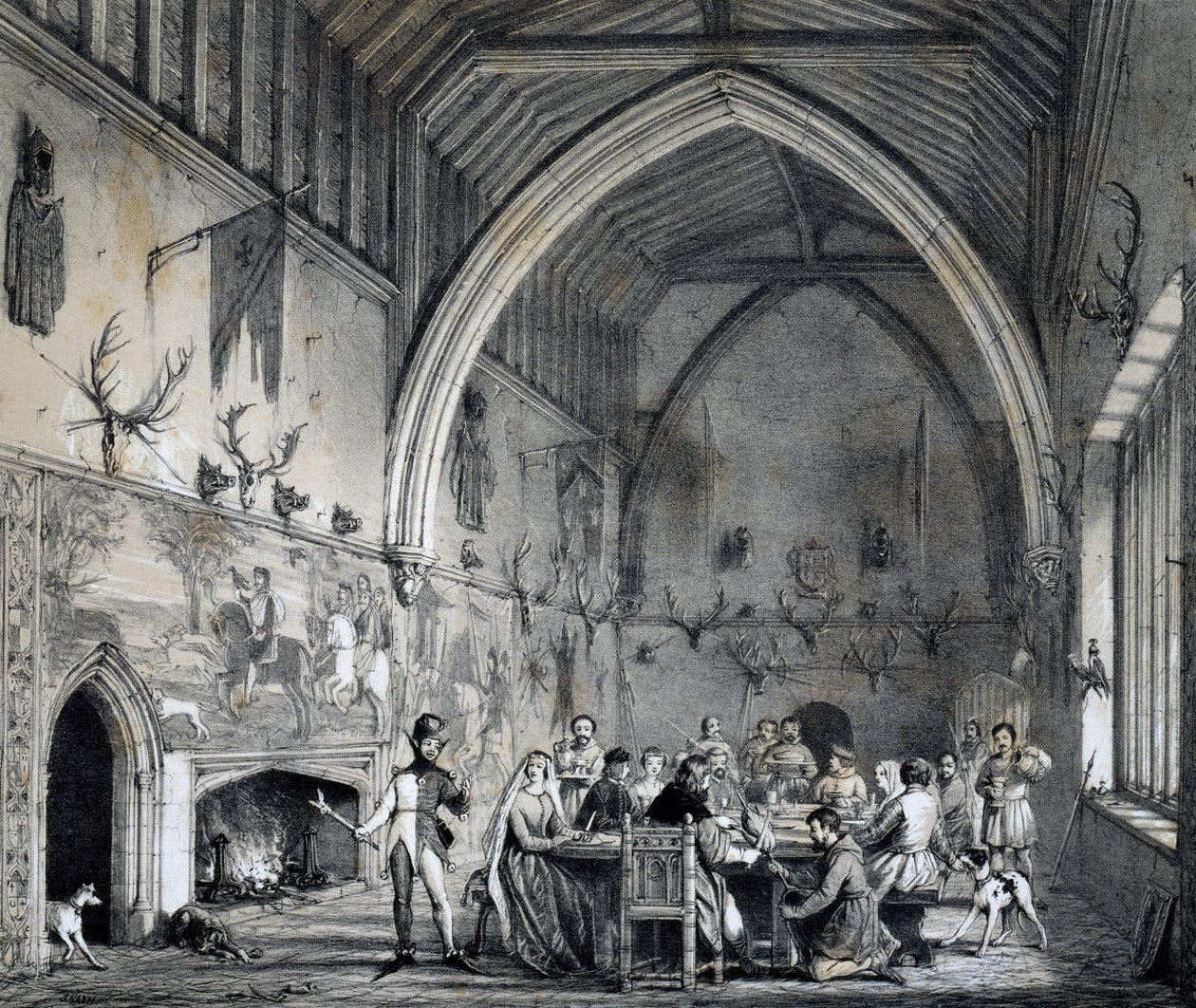 Hall at Moat House Ightham with banquet, Kent, engraving from Mansions of England in olden time بواسطة جوزيف ناش