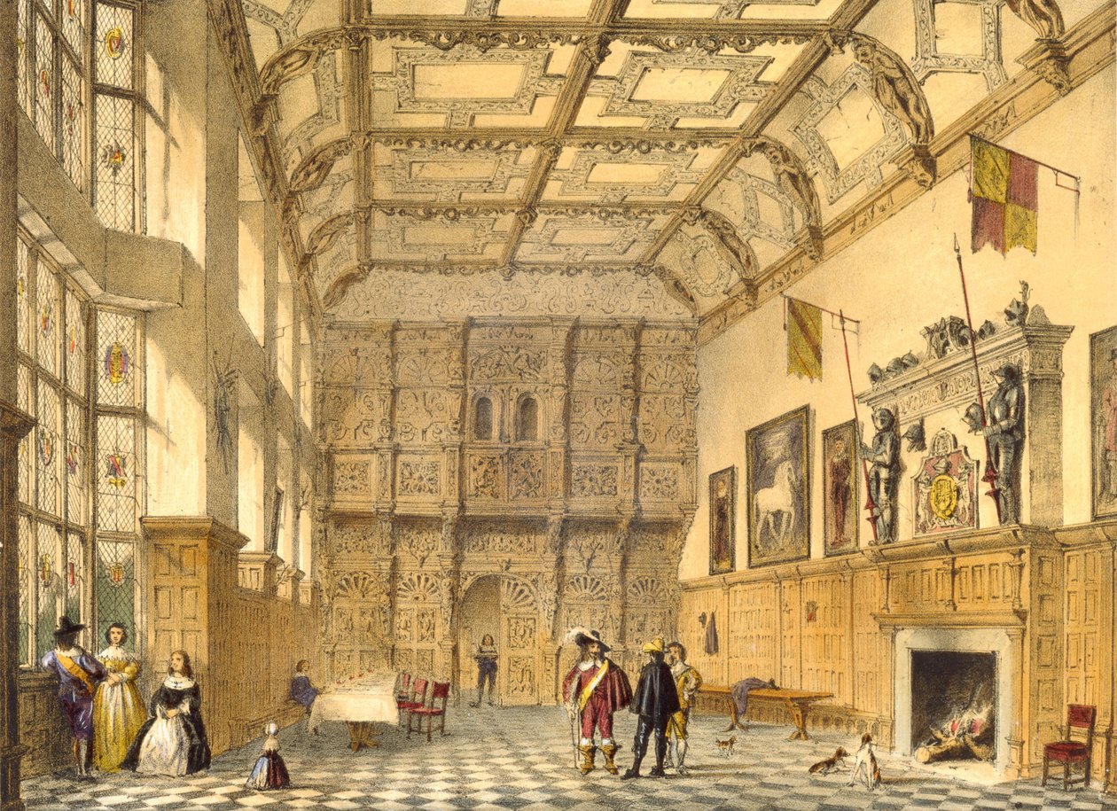 القاعة الكبرى ، هاتفيلد ، بيركشاير ، 1600 ، رسم توضيحي من "هندسة العصور الوسطى" ، 1838 بواسطة جوزيف ناش