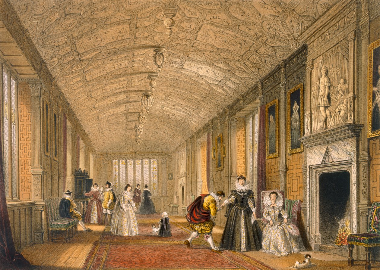 معرض طويل في Lanhydrock ، كورنوال ، 1600 ، من عمارة العصور الوسطى ، نشر عام 1838 بواسطة جوزيف ناش