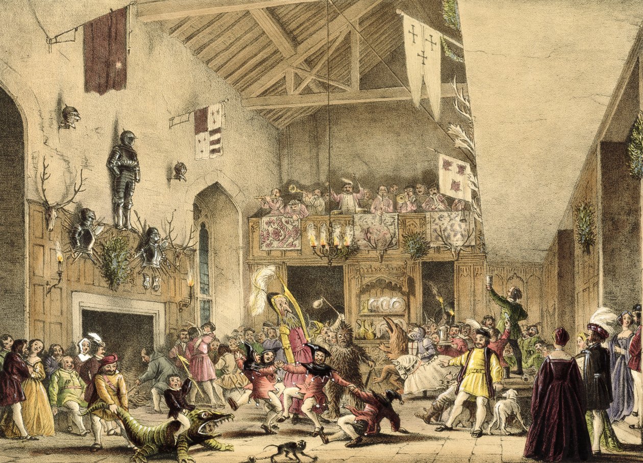 Revels Night Twelfth Night في the Great Hall، Haddon Hall، Derbyshire، from &39;Architecture of the العصور الوسطى&39;، 1838 بواسطة جوزيف ناش