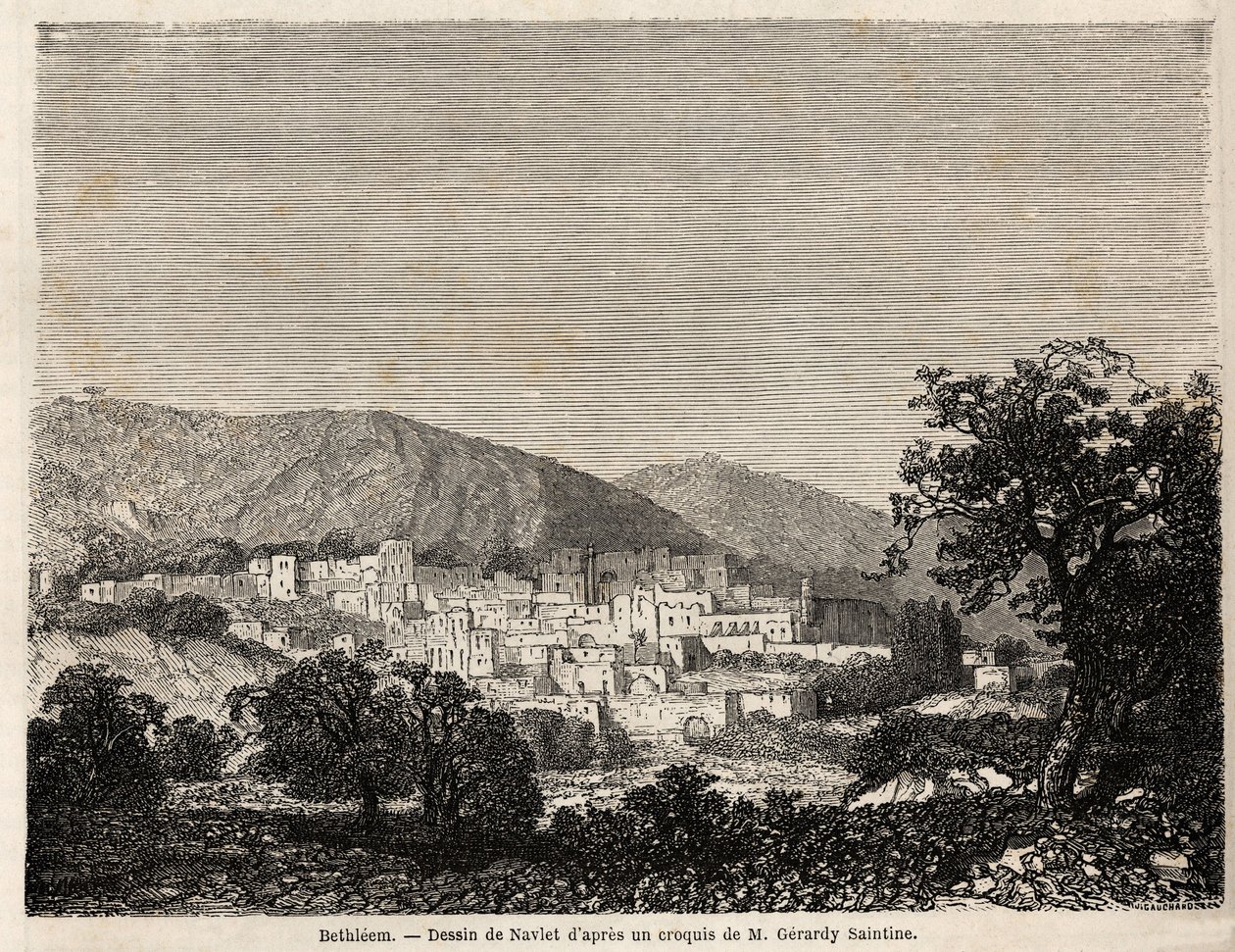 منظر لبيت لحم ، رسم جوزيف نافليت (1821-1889) ، لتوضيح رحلة السيد بيدا إلى فلسطين عام 1856. نقش في "" Le tour du monde، nouveau journal des voyages "" باريس بواسطة جوزيف نافلت
