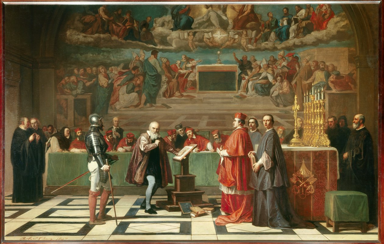 الجليل (أو جاليليو جاليلي (1564-1642) قبل المكتب المقدس في الفاتيكان "" حكمت محكمة التفتيش على عالم الفلك في عام 1632 لدفاعه عن نظريات كوبرنيكوس. رسم لجوزيف نيكولاس روبرت فلوري (روبرت فلوري) (1797-1890) 1847 بواسطة جوزيف نيكولاس روبرت فلوري