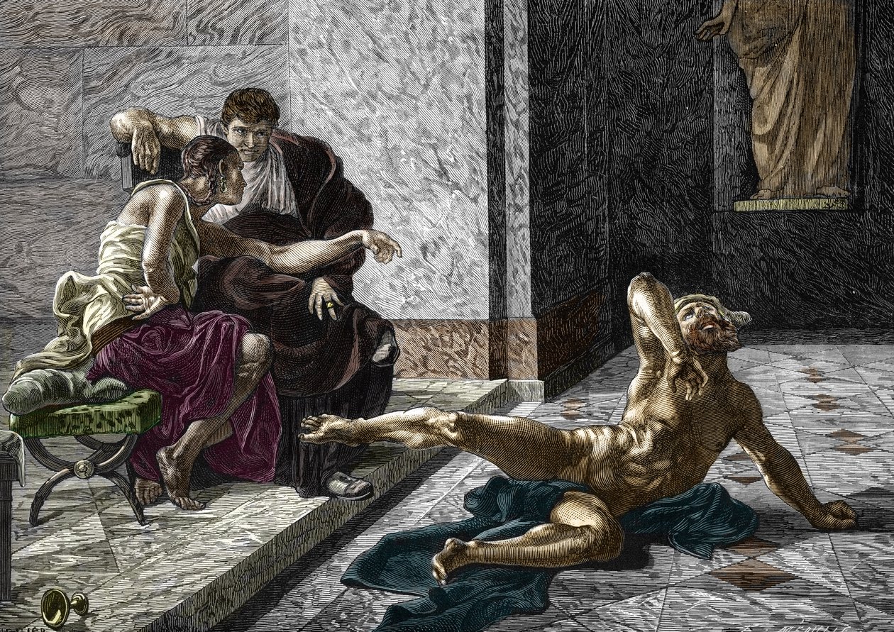 تمثيل الجراد السام الروماني يحاول بجانب الإمبراطور نيرون (37-68) سمًا مخصصًا لأخيه بريتانيكوس (41-55) على أحد عبيده ، 55 نقش بعد لوحة رسمها جوزيف نويل سيلفستر (1847-1926) ) 1876 (السام الروماني Locus بواسطة جوزيف نويل (بعد) سيلفستر