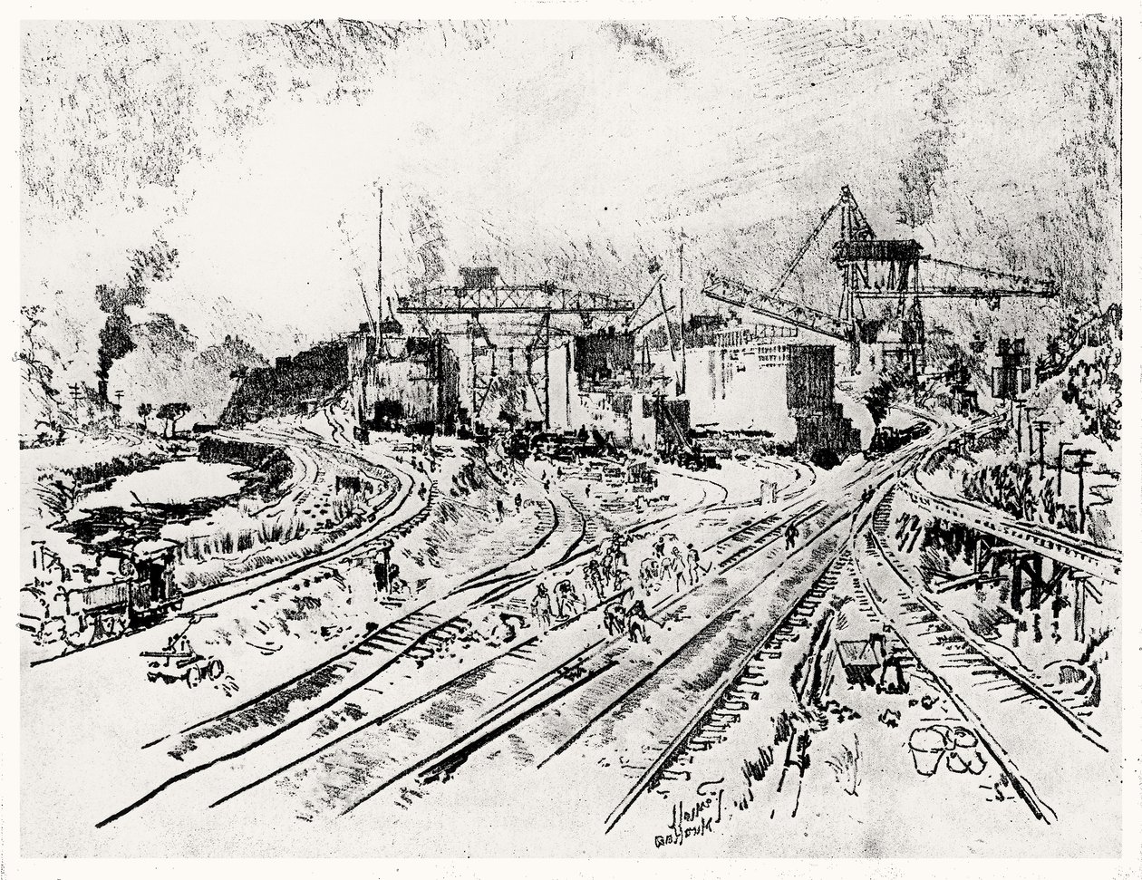 بناء Miraflores Lock ، اللوحة XXI من قناة بنما لجوزيف بينيل ، 1912 (فحم على ورق) بواسطة جوزيف بينيل
