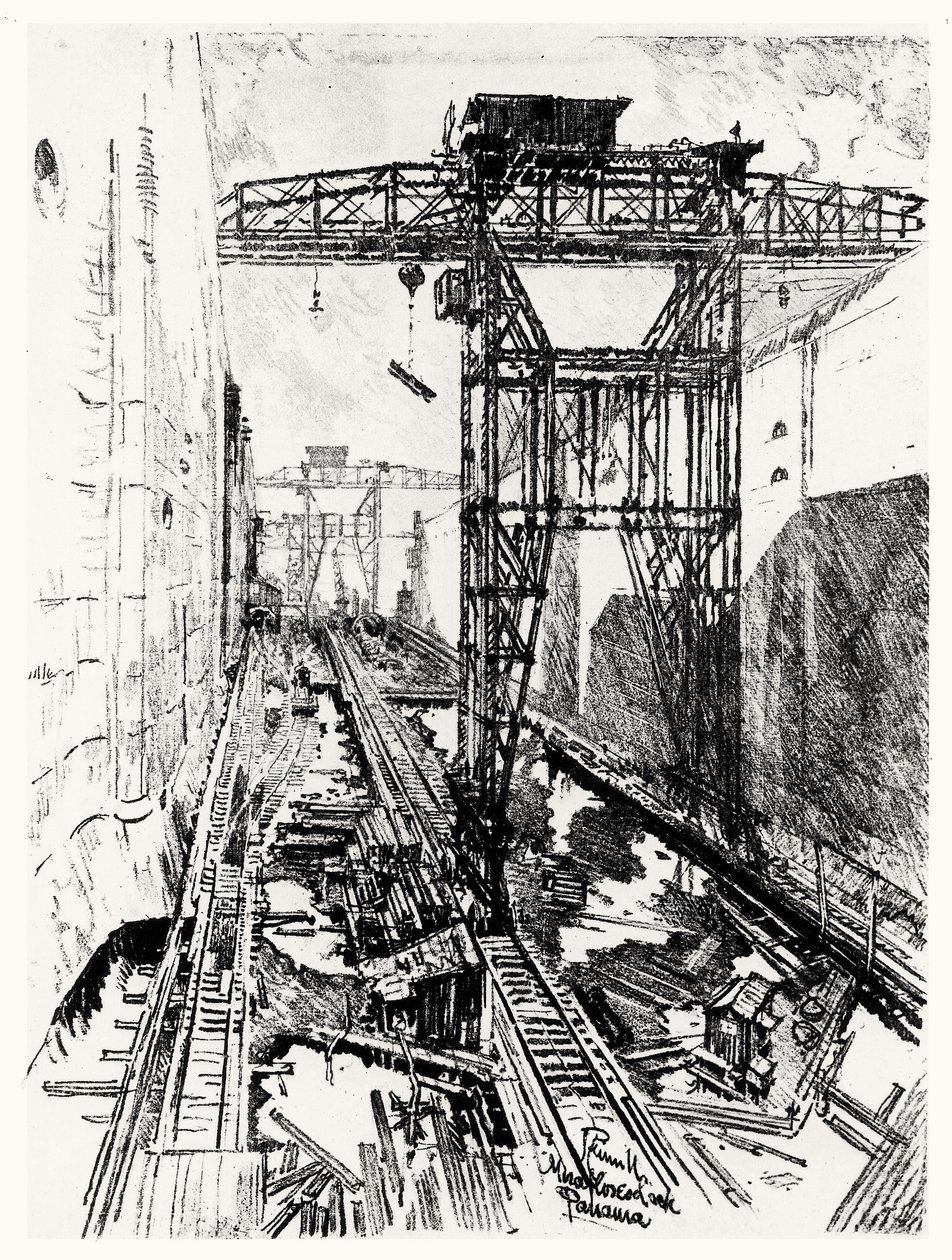 الرافعات في قفل Miraflores ، اللوحة الثانية والعشرون من قناة بنما بواسطة جوزيف بينيل ، 1912 (فحم على ورق) بواسطة جوزيف بينيل