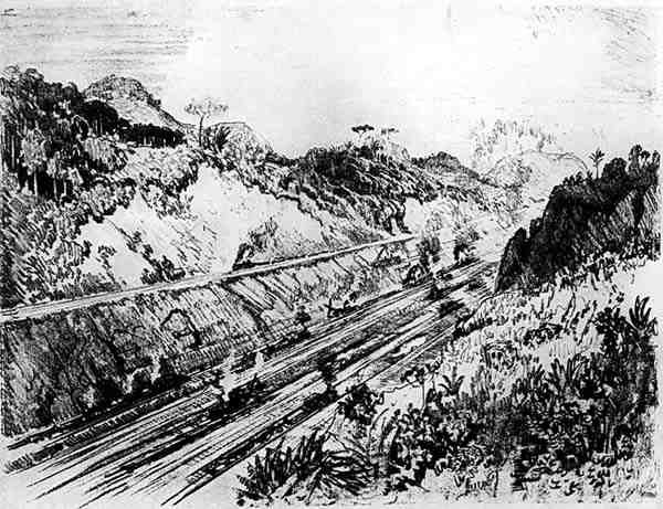 في القص في لاس كاسكيدز ، اللوحة الثانية عشرة من قناة بنما لجوزيف بينيل ، 1912 (فحم على ورق) بواسطة جوزيف بينيل