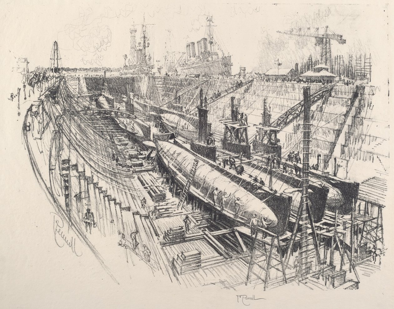 الغواصات في الحوض الجاف ، 1917. بواسطة جوزيف بينيل