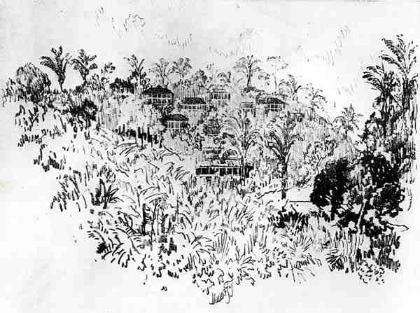القرية الأمريكية ، اللوحة X من قناة بنما لجوزيف بينيل ، 1912 (فحم على ورق) بواسطة جوزيف بينيل
