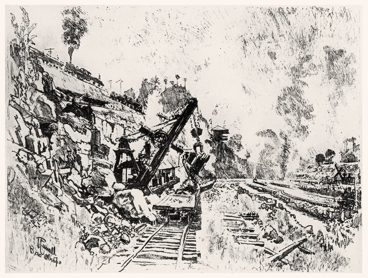 The Cut at Bas Obispo ، اللوحة XI من قناة بنما لجوزيف بينيل ، 1912 (فحم على ورق) بواسطة جوزيف بينيل
