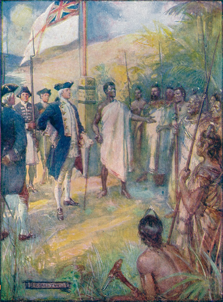 أخبر كوك الماوريين أنه جاء لوضع علامة على جزرهم ، c1908 ، c1920. بواسطة جوزيف راتكليف سكيلتون