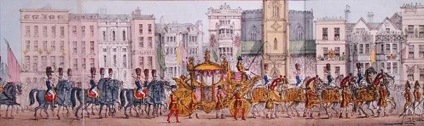 تمثيل بانورامي للتقدم الملكي للملكة فيكتوريا عبر مدينة لندن في ٩ نوفمبر ١٨٣٧ (حجر صغير) (تفاصيل) بواسطة جوزيف روبينز