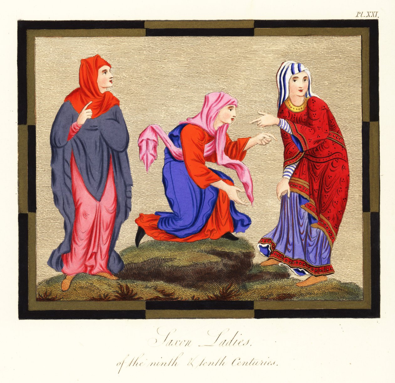 أزياء الأنجلو سكسونية النسائية ، القرنين التاسع والعاشر ، 1854 (نقش) بواسطة جوزيف سترات