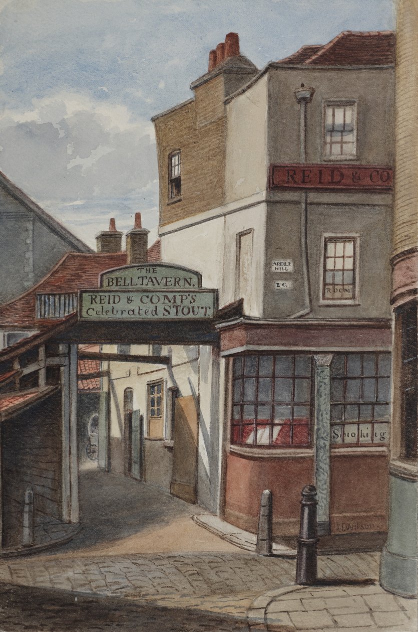 منظر لـ Bell Tavern ، Addle Hill ، تظهر لافتة لـ Reid and Companys المشهورة بشجاع قوي ، وآخر كبح ، 1868 (مرحاض على ورق) بواسطة جوزيف توماس ويلسون