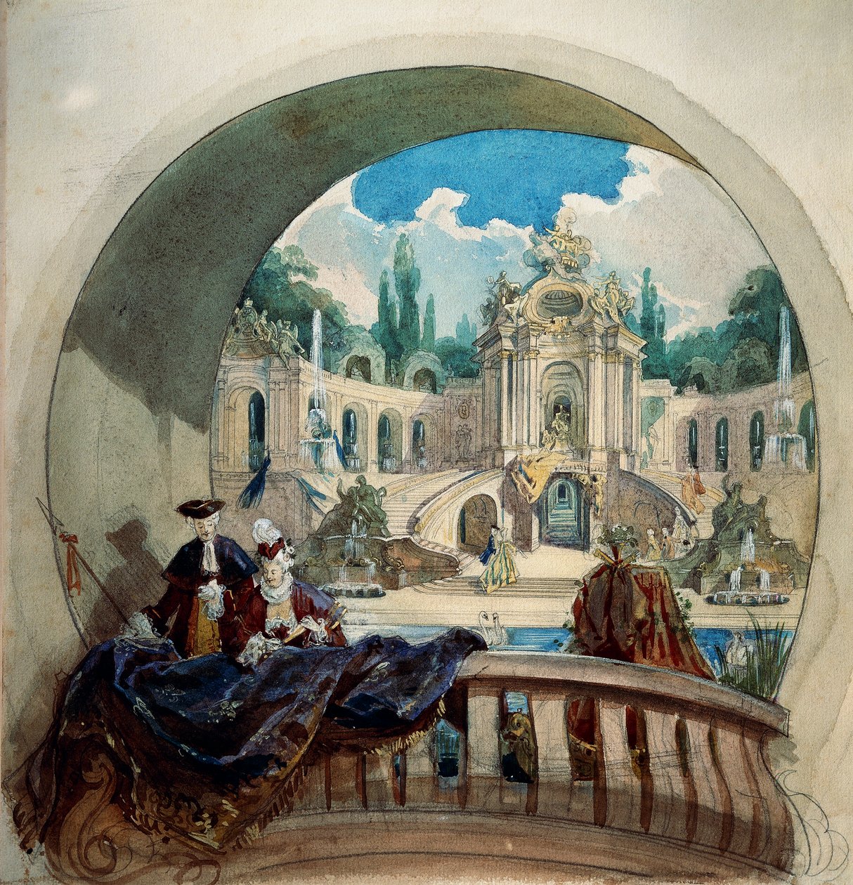 رسم تحضيري لنظرة سقف قاعة الجمهور في قلعة Ludwig II الملكية في Linderhof بواسطة جوزيف واتر