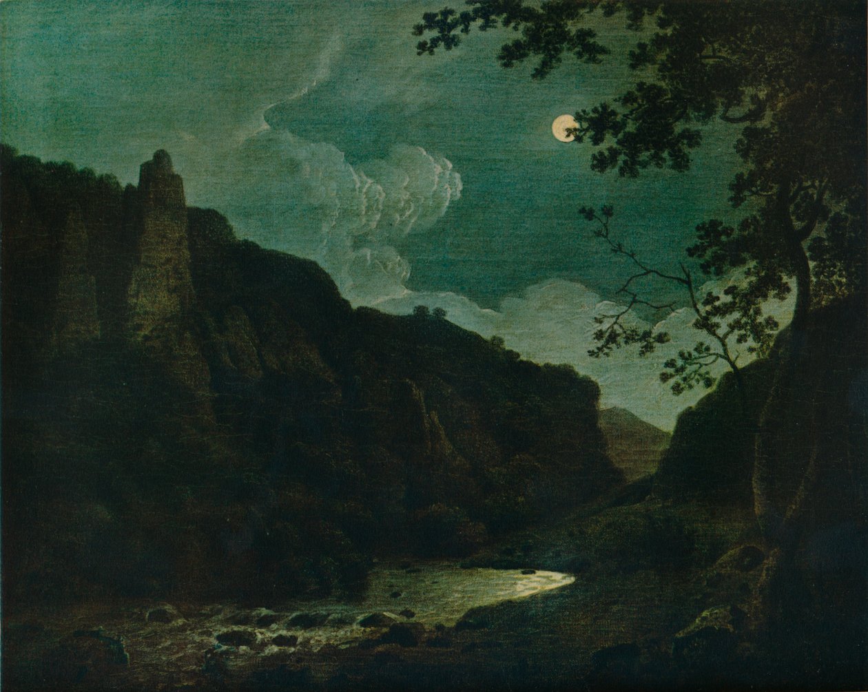 Dovedale بواسطة Moonlight ، 1784 بواسطة جوزيف رايت من ديربي