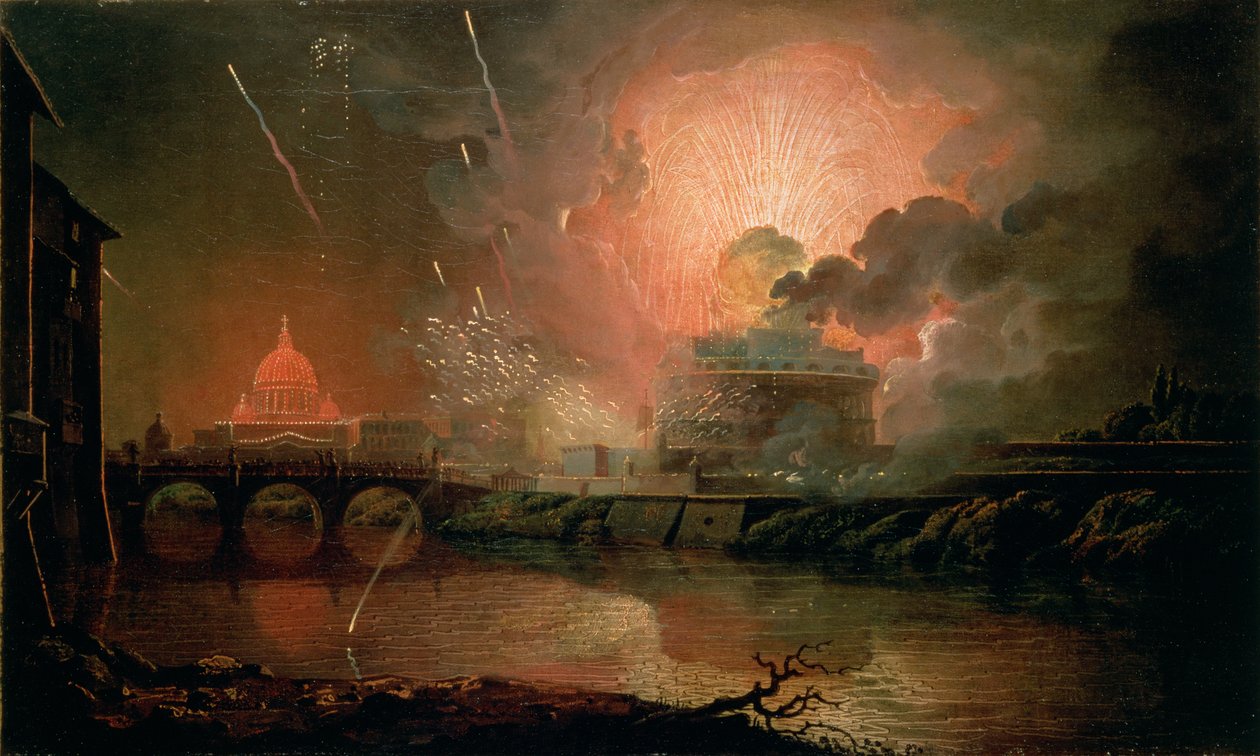 عرض الألعاب النارية في قلعة سانت أنجيلو ، 1774-1778 بواسطة جوزيف رايت من ديربي