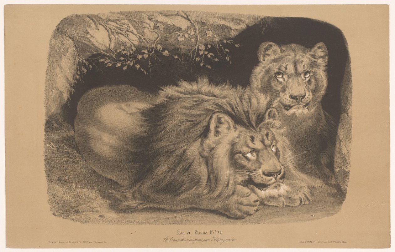 الأسد و اللبؤة Lion et Lionne (العنوان على الكائن) دراسات على الحيوانات في نوعين من الطباشير (عنوان السلسلة) Étude aux deux crayons par Z. Gengembre (عنوان السلسلة على الكائن) بواسطة جوزيف زيفريس جينجمبري