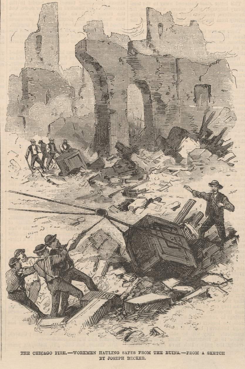 عمال يسحبون الخزائن من تحت الأنقاض ، رسم توضيحي من صحيفة فرانك ليزليز المصورة ، 1871 بواسطة جوزيف بعد بيكر