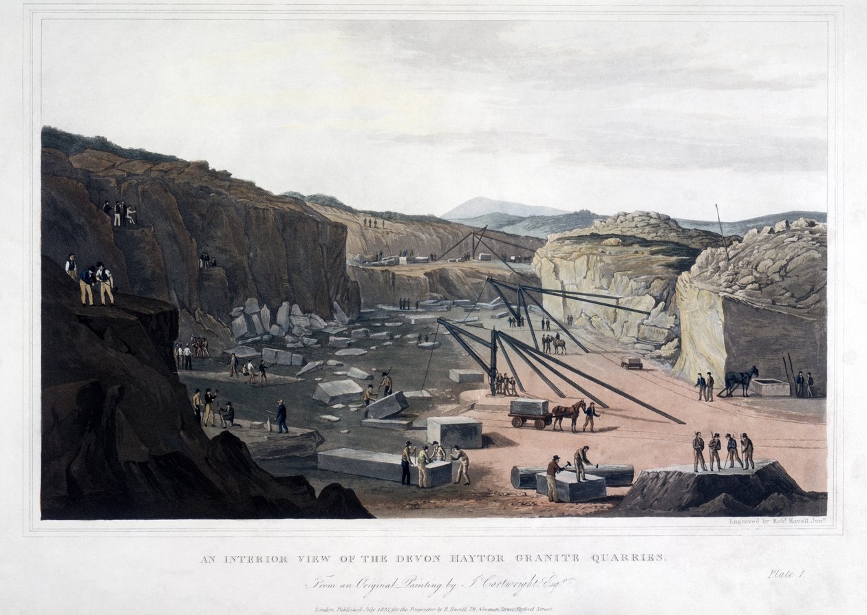 منظر داخلي لمحاجر الجرانيت Devon Haytor ، نقشها روبرت هافيل (1793-1878) 1825 (أكواينت الملونة) بواسطة يوسف بعد كارترايت
