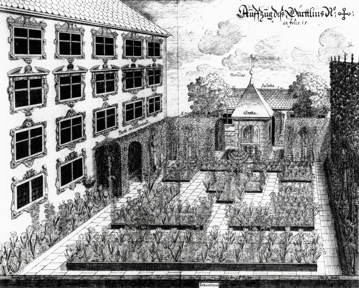 تصميم لحديقة Furttenbachs في أولم ، من Architectura Privata ، منقوش بواسطة Jonas Arnold (1600-69) ، تم نشره عام 1641 بواسطة جوزيف بعد Furttenbach
