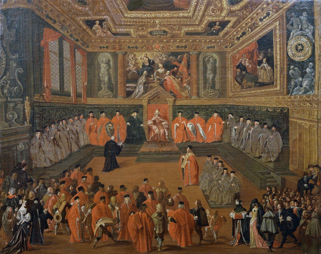 سماع دوجي في قاعة مجلس قصر الدوق ، البندقية ، رسم جوزيف هاينز يونغر (حوالي 1600-1678) بواسطة جوزيف هاينز الاصغر