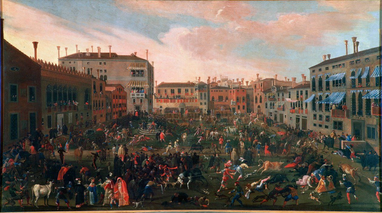 صيد الثيران في كامبو سان بولو في البندقية عام 1648. تم صيد الثور التقليدي في ساحة صغيرة (كامبي) في البندقية مع الكلاب الشرسة بشكل خاص. لوحة جوزيف هاينز جيون (1600-1678). فينيسيا ، متحف كورير بواسطة جوزيف هاينز الاصغر