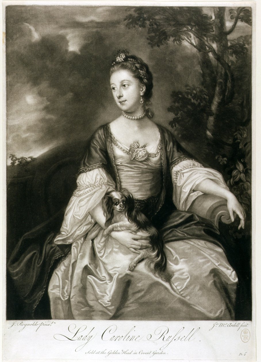 السيدة كارولين راسل ، منقوشة بواسطة جيمس مكارديل (c.1729-65) (mezzotint) بواسطة جوشوا رينولدز