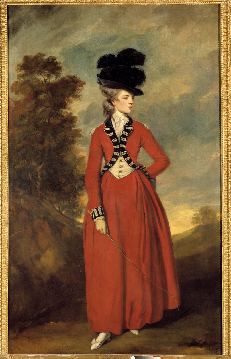 صورة ليدي ورسلي لوحة لجوشوا رينولدز (1723-1792) ، حوالي 1776 خافت. 236 × 144 سم مجموعة خاصة بواسطة جوشوا رينولدز