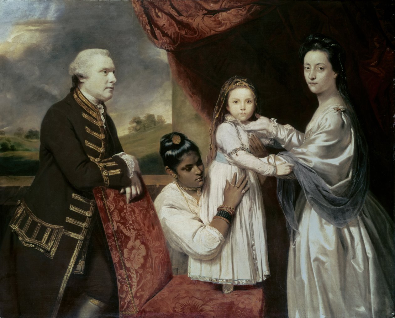 تيسو سول هانكوك ، وزوجته فيلادلفيا ، وابنتهما إليزابيث وخادمة هندية كلاريندا ، c.1763–5 بواسطة جوشوا رينولدز