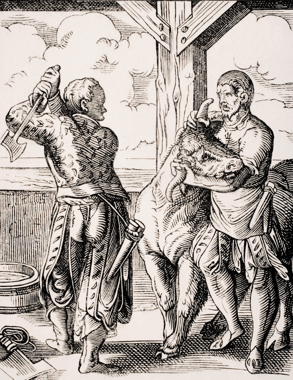 الجزار ومساعده ، استنساخ لنقش من القرن السادس عشر لجوست عمان (1539-1591) من "Le Moyen Age et La Renaissance" بقلم بول لاكروا (1806-1884) نُشر عام 1847 (ليثو) بواسطة جوست (بعد) عمان